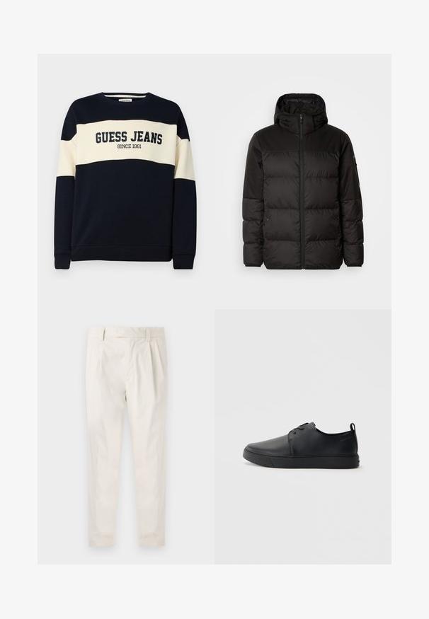 Geacă puffer neagră cu închidere cu fermoar, glugă, secțiuni quilted și manșete elastice, realizată dintr-un material neted, rezistent la apă.; Tricou de trening bleumarin cu o bandă orizontală bej, cu text "GUESS JEANS" și detalii "SINCE 1981". Fabricat dintr-un material moale din bumbac.; Pantaloni albi plisati, cu o croială ajustată, având o textură netedă, bucle pentru curea și picioare conice. Fără buzunare vizibile sau modele.; Sneakers din piele neagră cu un finisaj neted, vârf rotund, cusături tonale, șireturi în față și o talpă plată din cauciuc. Buclă la călcâi.