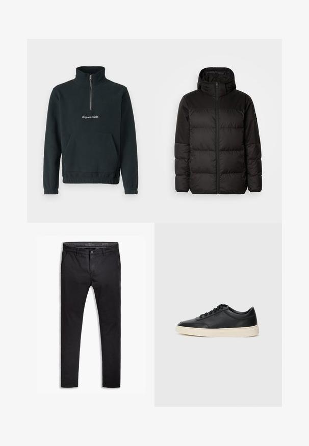 Black puffer jacket features a zip closure, a hood, quilted sections, and elastic cuffs, made from a smooth, water-resistant material.; Jack & Jones JORVESTERBRO QUARTER ZIP - Fleece jumper - forest river; Black cotton chinos with a tapered fit, featuring five pockets, belt loops, and a smooth texture. Zip fly with a button closure.; Black low-top leather sneaker with black laces and off-white sole shown in side profile on white background.