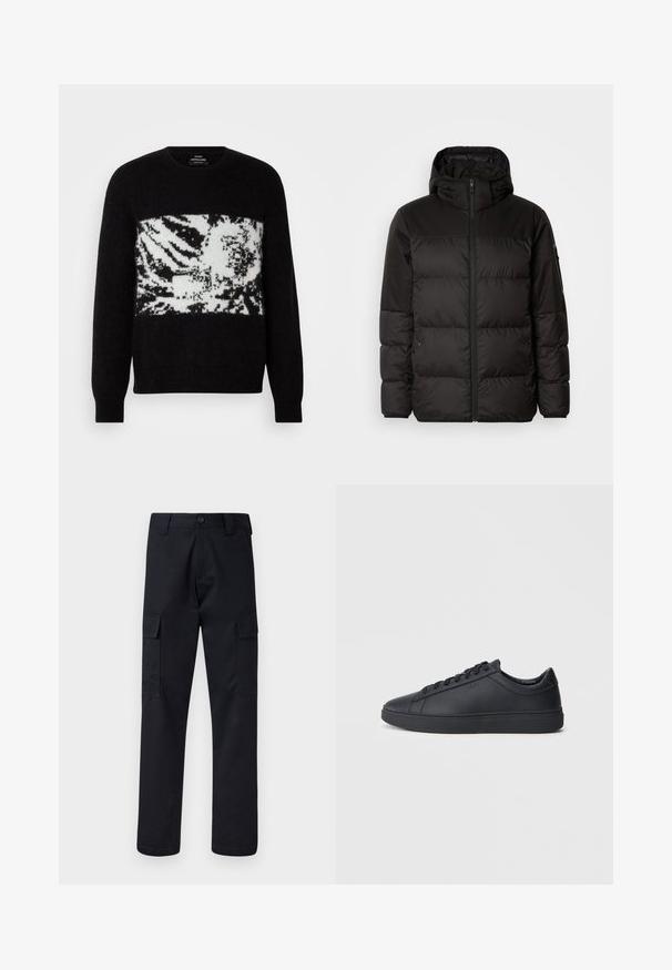 Čierna prešívaná bunda má zips, kapucňu, prešívané sekcie a elastické manžety, vyrobená z hladkého, vodeodolného materiálu.; Čierny sveter s bielym, abstraktným vzorom zebry na hrudi. Vyrobený z mäkkého materiálu s rebrovanými manžetami a zaobleným výstrihom.; Čierne cargo nohavice vyrobené z odolnej tkaniny, s rovnými nohavicami, dvoma bočnými vreckami a zapínaním na gombík v páse.; Čierne tenisky vyrobené z hladkej kože s nízkym dizajnom, okrúhlym špičkou a plochou gumovou podrážkou. Obsahujú šnúrky a jemné označenie značky.