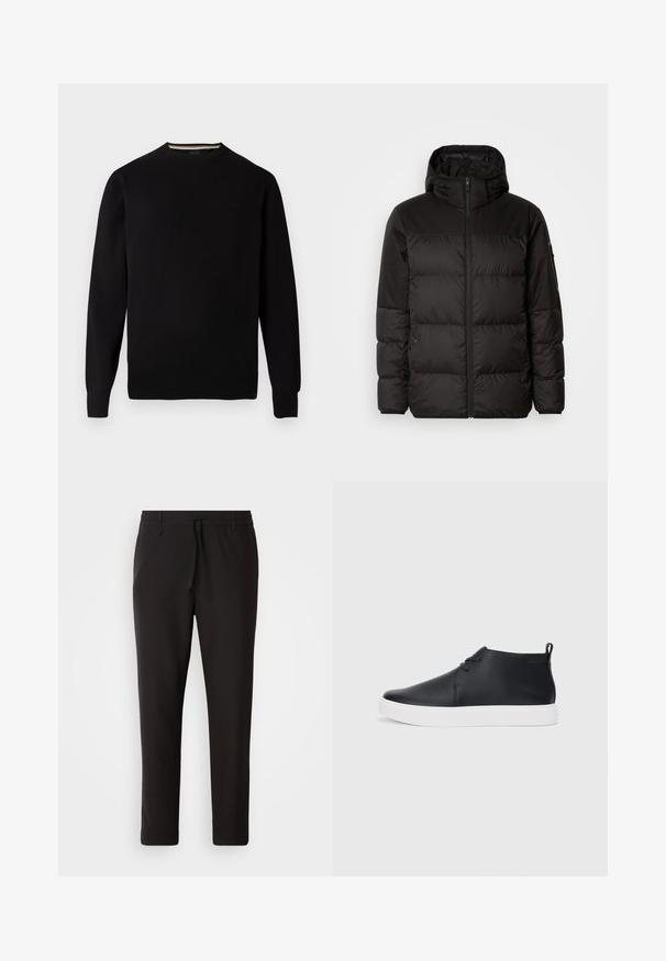 Geacă puffer neagră cu închidere cu fermoar, glugă, secțiuni quilted și manșete elastice, realizată dintr-un material neted, rezistent la apă.; Pulover negru tricotat cu gât rotund, manșete și tiv drepte, cu un logo subtil pe piept și o bandă interioară a gâtului într-o culoare contrastantă.; Pantaloni de jogging negri, confecționați dintr-un material neted. Prezintă un talie elastică cu șnur, picioare conice și fără buzunare vizibile. Design simplu.; Adidași negri din piele, cu vârf înalt, finisaj neted, talpă din cauciuc alb și un design simplu cu șireturi. Au un tab de prindere în partea din spate.