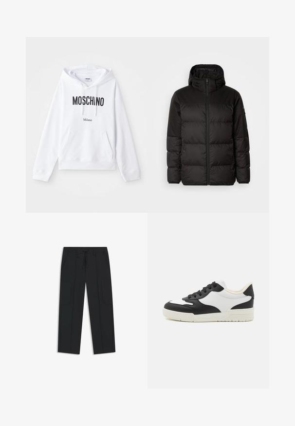 La chaqueta acolchada negra tiene un cierre de cremallera, capucha, secciones acolchadas y puños elásticos, hecha de un material suave y resistente al agua.; Sudadera blanca con bolsillo canguro, cordón ajustable y en la parte frontal lleva impreso en negrita el texto "MOSCHINO" y "Milano" en negro.; Pantalones cargo negros de nylon. Cuentan con una cinturilla elástica con cordón, bolsillos laterales y un diseño frontal plano.; Zapatilla en blanco y negro con un upper de cuero suave, puntera redondeada y suela de goma plana. Presenta cordones negros y un forro interno suave.