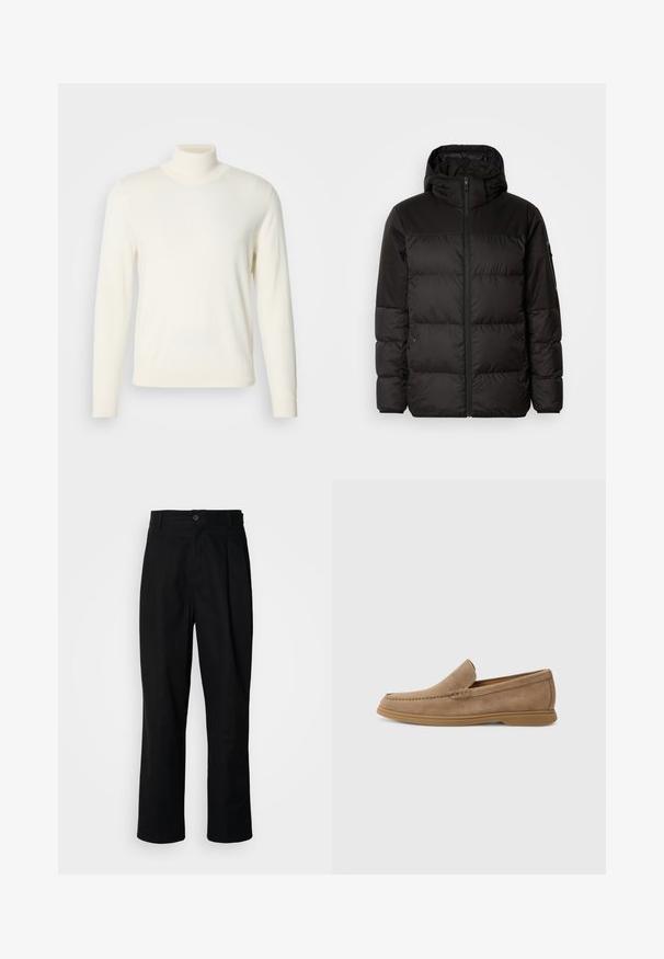 Svart puffjacka med blixtlås, huva, quiltade sektioner och elastiska mudd, tillverkad av ett slätt, vattentåligt material.; Krämfärgad polo-tröja i mjukt tyg, med långa ärmar och en figurnära silhuett, utan synliga mönster eller dekorativa inslag.; Svarta rakbenade byxor med knäppning i midjan, bälteshällor och framfåll, uppvisade mot en enkel vit bakgrund.; Bruna mocka slip-on loafers med en slät yta och sydda detaljer; har en gummisul för grepp.