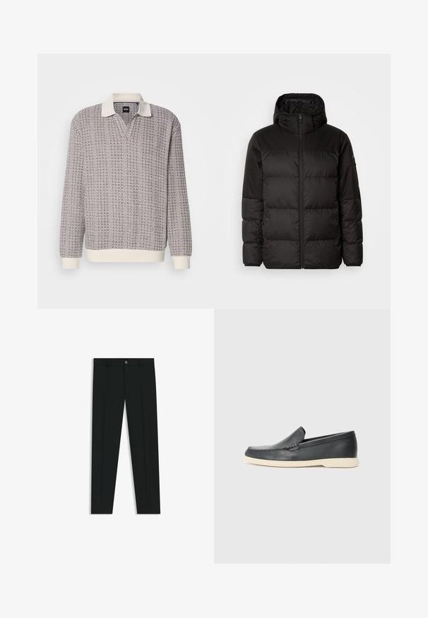 Black puffer jacket features a zip closure, a hood, quilted sections, and elastic cuffs, made from a smooth, water-resistant material.; Long-sleeve knit polo sweater with textured brown and white pattern, cream collar, and cream ribbed cuffs and hem.; Black dress pants with a straight-leg design, made of smooth fabric. Features a front button closure and belt loops. Plain without patterns.; Black leather slip-on loafers with a textured finish and a contrasting beige rubber sole. Features a subtle accent along the front.