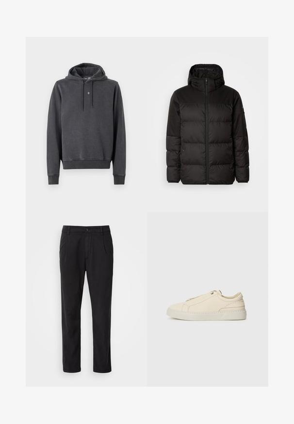 Črna zimska jakna ima zadrgo, kapuco, prešite odseke in elastične manšete, izdelana je iz gladkega, vodoodpornega materiala.; Kapuca sweatshirt v temno sivi barvi, izdelan iz mešanice mehkega bombaža. Ima kengurujsk žep, rebraste manšete in majhen logotip na prsih.; Črne hlače iz gladkega blaga z ravno rezom, sprednjimi gubami in gumbom za zapiranje v pasu.; Bež usnjeni športni copat s zaobljenim nosom, minimalistična zasnova, subtilne šivane podrobnosti in teksturirana zgornja stran, na svetlem podplatu.