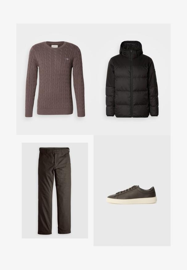 Črna zimska jakna ima zadrgo, kapuco, prešite odseke in elastične manšete, izdelana je iz gladkega, vodoodpornega materiala.; Rjav pulover z kabelskim pletenjem in okroglo ovratnikom, dolgimi rokavi ter rebrastimi manšetami in robom. Ima majhen vezen logotip na prsih.; Temno rjave hlače iz mešanice bombaža s ravnim krojem, z zankami za pas in sprednjimi žepi; gladka tekstura z diskretnimi šivi.; Temno rjavi usnjeni športni copat z teksturirano površino, belim gumijastim podplatom in ravnimi vezalkami. Minimalistična zasnova brez vidnih logotipov.