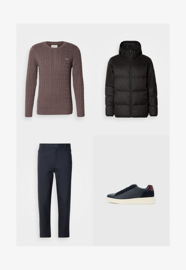 A fekete steppelt dzseki cipzáros záródással, kapucnival, steppelt részekkel és rugalmas mandzsettákkal rendelkezik, sima, vízálló anyagból készült.; Barna kötött pulóver kerek nyakkal, hosszú ujjakkal és bordás mandzsettával és aljjal. A mellkason egy kicsi hímzett logó található.; Sötétkék, sima anyagból készült, testre szabott nadrág, cipzáros zsebbel, egyenes lábakkal és gombos záródással a derék részen.; Fekete bőr és velúr alacsony szárú férfi sneaker, bordó sarokpanellel és fehér gumi talppal, oldalnézetből.