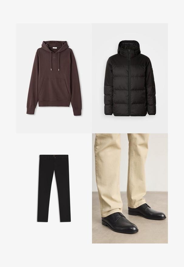 Svart puffjacka med blixtlås, huva, quiltade sektioner och elastiska mudd, tillverkad av ett slätt, vattentåligt material.; Brun hoodie av mjuk bomullsblandning, med en framficka, justerbar dragsko och sydd logotypdetalj nära kragen.; Svarta byxor gjorda av tyg med en slät textur. Har en knäppning med knapp, bälteshällor och sidofickor. Standard rakt ben-design.; Svarta läderskor med snörning, rund tå, slät yta och subtila sömdetaljer, bärs med ljusbeige byxor.