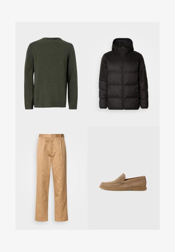 La doudoune noire est dotée d'une fermeture éclair, d'une capuche, de sections matelassées et de poignets élastiques, fabriquée à partir d'un matériau lisse et résistant à l'eau.; Pull en maille vert foncé avec un col rond, des manches longues, et des poignets et un ourlet côtelés. Texture lisse avec un motif uni.; Pantalons khaki, en mélange de coton, coupe droite, plis avant, passants de ceinture et fermeture à bouton. Texture lisse sans motifs.; Mocassins en daim brun à enfiler avec une texture lisse et des coutures détaillées ; dotés d'une semelle en caoutchouc pour l'adhérence.