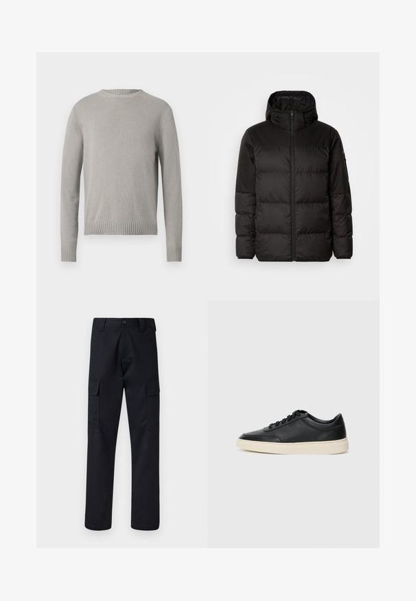 Mustikas puffer-jakk sisaldab tõmblukku, kapuutsi, tikandiga osi ja elastseid mansette, valmistatud siledast veekindlast materjalist.; Heledad hallhalli kudumüts ümmarguse kaelusega, ribitud mansettide ja äärtega. Omab tekstuurset kangast ühtlases värvis ilma mustriteta.; Mustad mustad püksid, mis on valmistatud tugevast materjalist, sirge lõikega, kaht küljetaskut ja nööbiga sulgemist vöökoha juures.; Mustad musta nahast madal sneaker mustade nööpidega ja kreemivalge tallaga, nähtud külgprofiilis valge tausta ees.