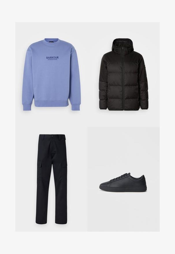 A jaqueta puffer preta apresenta um fecho zip, um capuz, secções acolchoadas e punhos elásticos, confeccionada em um material liso e resistente à água.; Sweatshirt azul claro com punhos e bainha canelados. Apresenta um decote redondo e um logotipo da Barbour International em azul marinho na frente.; Calças cargo pretas feitas de tecido resistente, com corte de perna direita, dois bolsos laterais e fecho de botão na cintura.; Ténis pretos feitos de couro liso com um design de cano baixo, bico redondo e sola de borracha plana. Apresentam atacadores e uma marcação discreta.
