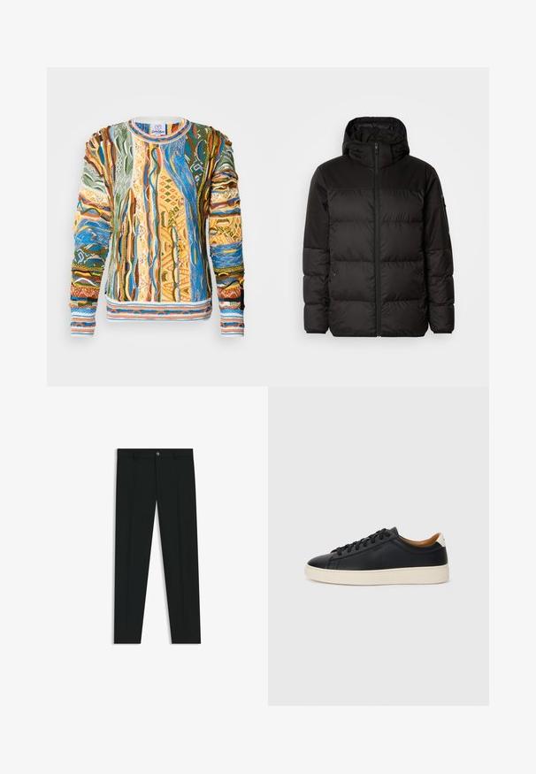 Sort pufferjakke med lynlås, hætte, quiltede sektioner og elastiske manchetter, lavet af et glat, vandafvisende materiale.; Multifarvet strikket sweater med intrikate mønstre i grøn, blå, orange og gul. Har teksturerede striber og ribkant ved ærmer og bund.; Sorte dressbukser med lige ben-design, lavet af glat stof. Har en frontlukning med knap og bæltestropper. Enkle uden mønstre.; Sorte lædersneakers med en glat overflade, beige gummisål, snørebåndsdesign og en kontrastfarvet hæl.