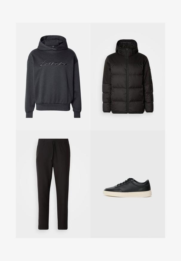 Black puffer jacket features a zip closure, a hood, quilted sections, and elastic cuffs, made from a smooth, water-resistant material.; Dark gray hoodie sweatshirt made of soft fabric, featuring a large, embroidered logo in a contrasting shade, with a relaxed fit and ribbed cuffs.; Black jogger pants made of smooth fabric. Feature an elastic waistband with a drawstring, tapered legs, and no visible pockets. Simple design.; Black low-top leather sneaker with black laces and off-white sole shown in side profile on white background.