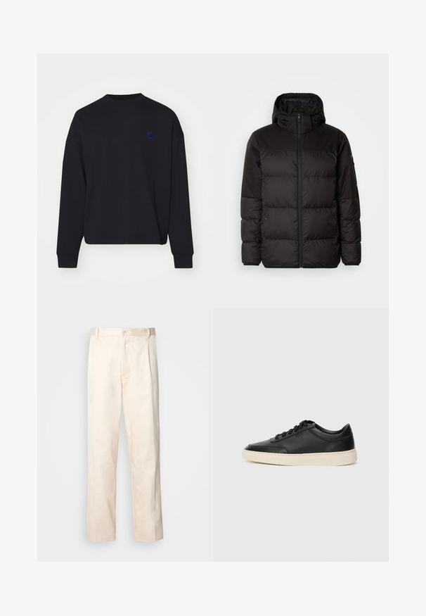 Černá péřová bunda má zipový uzávěr, kapuci, prošívané části a elastické manžety, vyrobená z hladkého, voděodolného materiálu.; Černá mikina vyrobená z bavlny, s kulatým výstřihem a volným střihem. Na hrudi je malé modré vyšití logo.; Bežové bavlněné kalhoty se střihy rovného nohavice, s knoflíkovým zapínáním a záhyby vpředu pro zvýraznění detailu.; Černé kožené nízké tenisky s černými tkaničkami a slonovinovou podešví, zobrazené v bočním profilu na bílém pozadí.