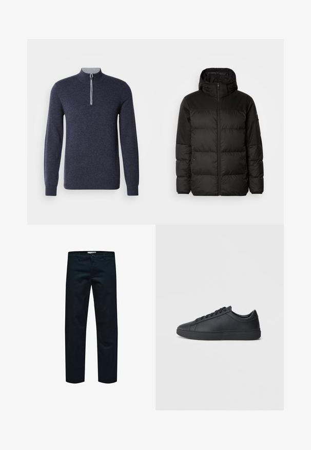 A fekete steppelt dzseki cipzáros záródással, kapucnival, steppelt részekkel és rugalmas mandzsettákkal rendelkezik, sima, vízálló anyagból készült.; Tengerészeti félcipzáros pulóver szürke gallérral. Texturált anyagból készült, hosszú ujjú és testhezálló fazonú.; Fekete pamut nadrág egyenes szabással, egyszerű gombos záródással és szokásos zsebekkel. Sima textúra, mintázat nélkül.; Fekete sportcipők sima bőrből, alacsony szárú kivitelben, kerek orral és lapos gumitalppal. Zsinóros rögzítéssel és diszkrét márkajelzéssel rendelkezik.