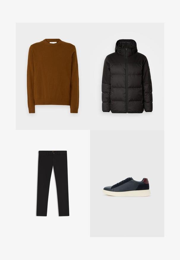 Schwarze Pufferjacke mit Reißverschluss, Kapuze, gesteppten Abschnitten und elastischen Bündchen, hergestellt aus einem glatten, wasserabweisenden Material.; Brauner Strickpullover mit Rundhalsausschnitt, langen Ärmeln, gerippten Bündchen und Saum. Weiche Textur mit glatter Oberfläche.; Schwarze Hosen aus einem Stoff mit glatter текстуре. Verfügt über einen Knopfverschluss, Gürtelschlaufen und Seitentaschen. Klassisches Design mit geradem Bein.; Schwarze Leder- und Wildledersneaker für Herren mit einem ziegelroten Fersenpatch und weißer Gummisohle, von der Außenseite betrachtet.