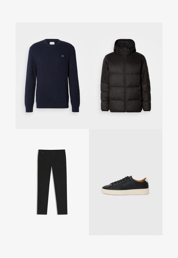 Zwarte pufferjas met ritsluiting, een capuchon, gequiltte secties en elastische manchetten, gemaakt van een glad, waterafstotend materiaal.; Marineblauw gebreid sweater met een diamantstructuur, ronde hals en geribde manchetten. Klein logo geborduurd op de bovenste linkerkant.; Zwarte broeken van gladde stof, met een rechte pijpenontwerp, zijzakken, een sluiting met een knop aan de voorkant en subtiele merknnaamdetails.; Zwarte leren sneakers met een gladde textuur, beige rubberen zool, vetersluiting en een contrasterende hielaccent.