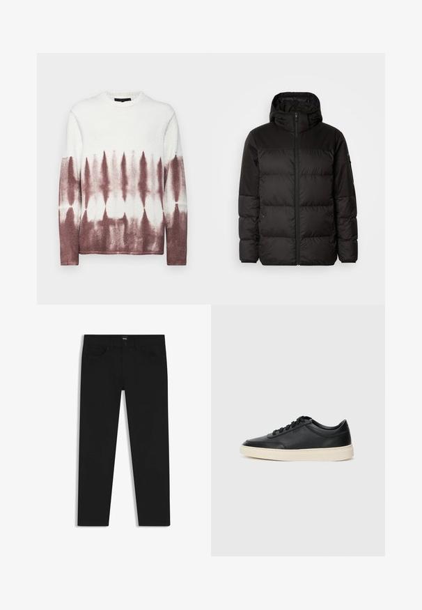 Schwarze Pufferjacke mit Reißverschluss, Kapuze, gesteppten Abschnitten und elastischen Bündchen, hergestellt aus einem glatten, wasserabweisenden Material.; Fleece-Pullover mit Rundhalsausschnitt, der ein Batikmuster zeigt, das oben in Weiß und unten in Burgunderrot übergeht. Weiche Textur.; Schwarze Denim-Hosen mit geradem Schnitt, ausgestattet mit einem Standardbund, fünf Taschen und einem Knopfverschluss. Angenehme, glatte Textur.; Schwarzer niedriger Ledersneaker mit schwarzen Schnürsenkeln und cremefarbenem Sohlenrand, seitlich auf weißem Hintergrund dargestellt.