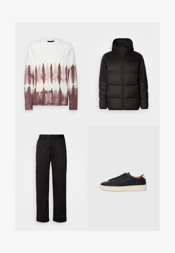 Mustikas puffer-jakk sisaldab tõmblukku, kapuutsi, tikandiga osi ja elastseid mansette, valmistatud siledast veekindlast materjalist.; Fliisist pehme edevus, mis esitleb sidrunimustrit, valge ülaosas ja burgundia alajaos. Pehme tekstuur.; Mustad püksid siledast kangast, millel on luku suletava ja nööbi sulgemisega ning keeratud sääred, andes neile lihtsa disaini.; Mustad nahast tennised sujuva pindadega, beež kummist tallaga, paelaga kinnitamine ja kontrastse kanna aktsendiga.