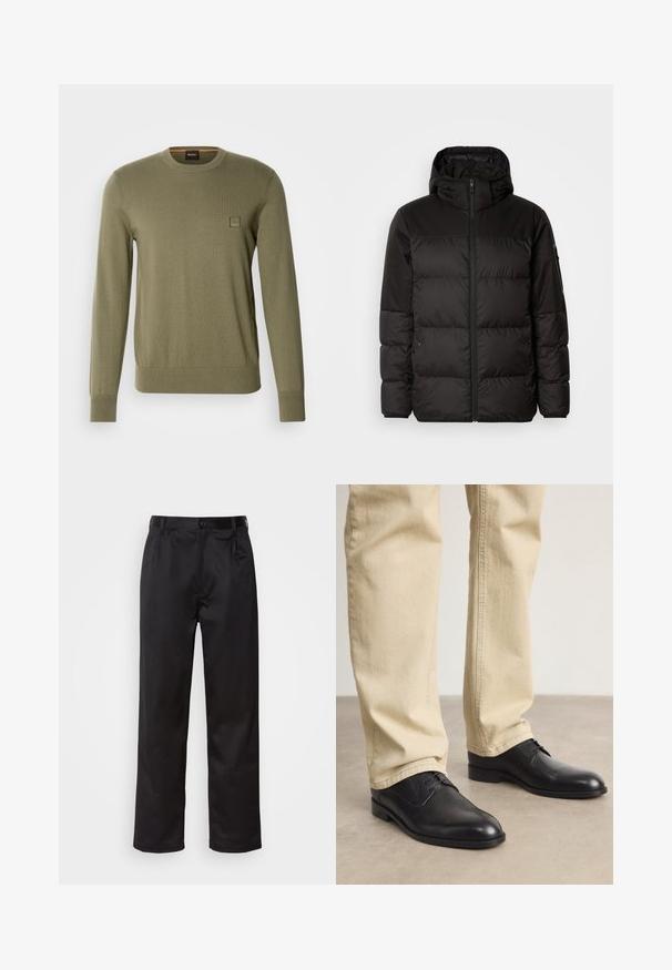 Mustikas puffer-jakk sisaldab tõmblukku, kapuutsi, tikandiga osi ja elastseid mansette, valmistatud siledast veekindlast materjalist.; Olive roheline sviiter pikade varrukatega, ümar kaelus, soonikkoesääred ja -äär, millel on rinna peal diskreetne ruudukujuline logo märk.; Mustadest siledast kangast pükstest, millel on ees nupu sulgemine, voldid ja sirged sääred. Ei mingeid nähtavaid mustreid ega aktsente.; Mustad musta nahast nööriga kengad, millel on ümmargune nina, sile viimistlus ja peened õmblusdetailid, kantud heledate beezide pükstega.