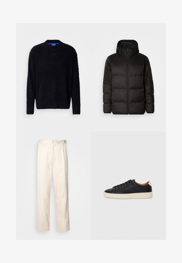 Črna zimska jakna ima zadrgo, kapuco, prešite odseke in elastične manšete, izdelana je iz gladkega, vodoodpornega materiala.; Črn pulover iz teksturirane pletene tkanine, s krožnim izrezom, dolgimi rokavi in ribanim robom ter manšetami. Discretno oblikovanje na prsih.; Bež cottone hlače s ravnim krojem, ki imajo gumbasto zapiranje in nabore spredaj za dodatne detajle.; Črne usnjene superge z gladko teksturo, bež gumijastim podplatom, zavezovalnim dizajnom in kontrastnim nagibom na peti.