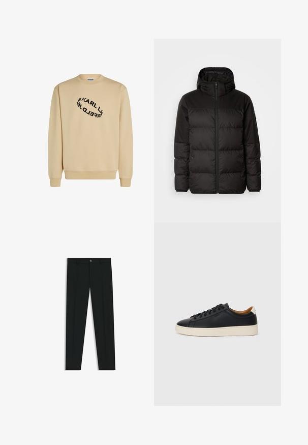 Il giubbotto puffo nero presenta una chiusura con zip, un cappuccio, sezioni trapuntate e polsini elastici, realizzato in un materiale liscio e resistente all'acqua.; Felpa beige con scollo rotondo. Presenta un design testuale nero disposto a spirale. Maniche lunghe e polsini a coste all'orlo.; Pantaloni neri in tessuto lisci, con design a gamba dritta. Presentano una chiusura frontale con bottone e passanti per cintura. Senza fantasie.; Sneakers in pelle nera con una texture liscia, suola in gomma beige, design con lacci e un accento del tacco in contrasto.