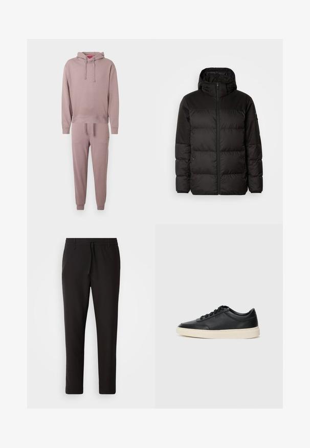 Geacă puffer neagră cu închidere cu fermoar, glugă, secțiuni quilted și manșete elastice, realizată dintr-un material neted, rezistent la apă.; Trening cu glugă și pantaloni jogger dintr-un material moale de culoare mauve deschis. Are manșete striate, croială lejeră și un buzunar frontal tip cangur pe trening.; Pantaloni de jogging negri, confecționați dintr-un material neted. Prezintă un talie elastică cu șnur, picioare conice și fără buzunare vizibile. Design simplu.; Sneaker din piele neagră, cu vârf jos, cu șireturi negre și talpă de un alb murdar, prezentat în profil lateral, pe un fundal alb.