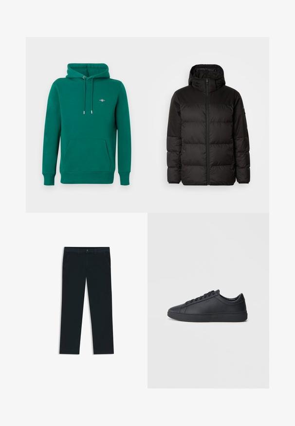 Il giubbotto puffo nero presenta una chiusura con zip, un cappuccio, sezioni trapuntate e polsini elastici, realizzato in un materiale liscio e resistente all'acqua.; Felpa verde con cappuccio, tasca frontale, coulisse, polsini a costine e logo ricamato sul petto. Realizzata in materiale morbido e confortevole.; Chinos di un blu navy scuro realizzati in tessuto misto cotone. Presentano passanti per cintura, tasche frontali e una chiusura con zip e bottone.; Sneakers neri realizzati in pelle liscia, con design a bassa cima, punta rotonda e suola piatta in gomma. Presentano lacci e un branding discreto.