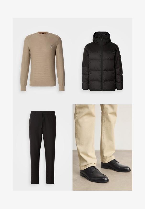 Crna puf jakna ima zatvaranje na zip, kapuljaču, kviltane dijelove i elastične manžete, izrađena je od glatkog, vodootpornog materijala.; Bež pleteni pulover s dugim rukavima, rebrastim manžetama i okruglim izrezom. Sadrži mali logotip na prsima i teksturirani dizajn tkanine.; Crne jogger hlače od glatkog materijala. Imaju elastičnu waistband s vezicom, sužene nogavice i bez vidljivih džepova. Jednostavan dizajn.; Crne kožne cipele na vezanje s zaobljenim vrhom, glatkom završnom obradom i suptilnim detaljima šivanja, nošene s svijetlosmešavim hlačama.