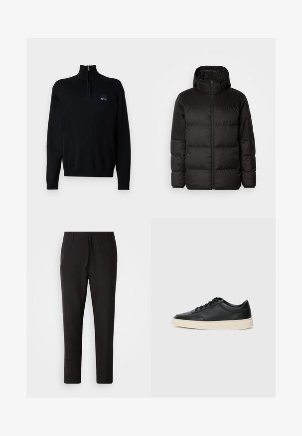 Melna pūkainā jakā iezīmes ir rāvējslēdzēja aizdare, kapuce, kvadrātveida šuves un elastīgas aproces, izgatavota no gludas, ūdensizturīgas vielas.; Melna džemperis ar augstu apkakli un puszip. Izgatavots no mīksta, teksturēta auduma. Satur mazu logo uzlīmi uz krūtīm un ribotām piedurknēm.; Melnas sporta bikses no gludas auduma. Tām ir elastīga josta ar auklu, sašaurinātas kājas un nav redzamu kabatu. Vienkāršs dizains.; Melnas zemas ādas sporta kurpes ar melnām auklām un off-white zoli, rādītas no sānu profila uz baltā fona.