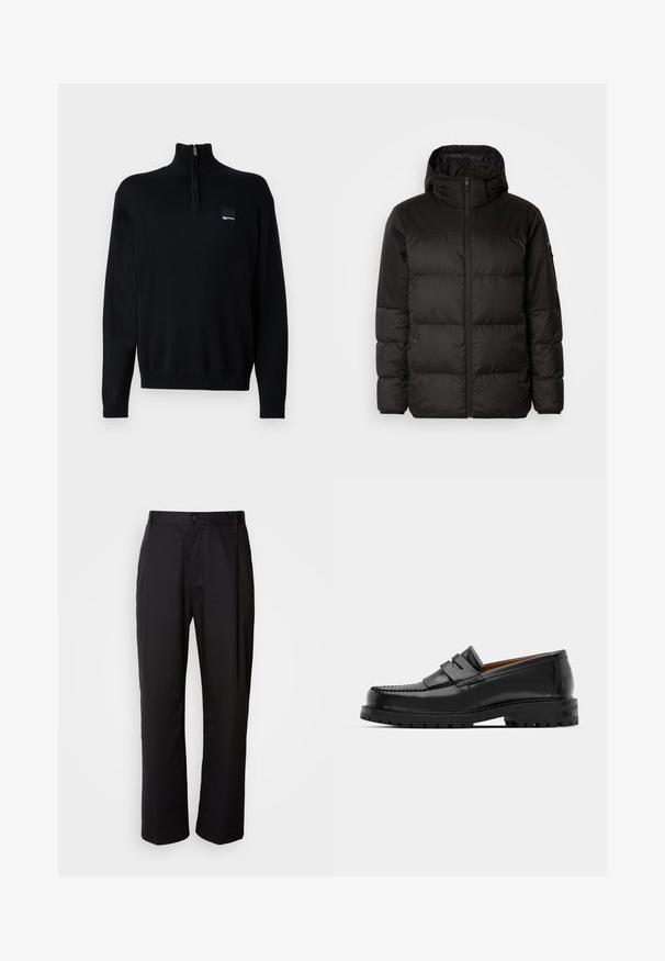 A fekete steppelt dzseki cipzáros záródással, kapucnival, steppelt részekkel és rugalmas mandzsettákkal rendelkezik, sima, vízálló anyagból készült.; Fekete pulóver magas nyakkal és félig zipzárral. Puha, texturált anyagból készült. Kis logófelvarróval rendelkezik a mellkasán és bordázott mandzsettákkal.; Fekete, egyenes szabású nadrág, könnyű anyagból készült. Elöl gombos záródással és két oldalsó zsebbel rendelkezik; sima textúrájú.; Fekete bőr loaferek kiemelkedő varrással, két díszcsíkkal a felső részen és vastag, struktúrált talppal rendelkeznek a jobb tapadás érdekében.