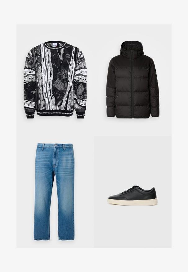 Mustikas puffer-jakk sisaldab tõmblukku, kapuutsi, tikandiga osi ja elastseid mansette, valmistatud siledast veekindlast materjalist.; Mustvalge kampsun keerukate mustritega, millel on linnaansamblid ja abstraktsed kujundid. Kootud tekstuur ribatuga varrukaotste ja kaeluse juures.; Heledad sinine teksapüksid sirge lõikega, viie taskuga disain, nupuga sulgemine ja õrn pleekimine esiosas. Ilma nähtavate mustriteta.; Mustad musta nahast madal sneaker mustade nööpidega ja kreemivalge tallaga, nähtud külgprofiilis valge tausta ees.
