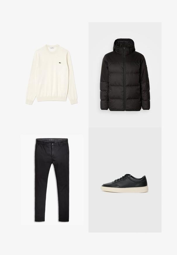 Schwarze Pufferjacke mit Reißverschluss, Kapuze, gesteppten Abschnitten und elastischen Bündchen, hergestellt aus einem glatten, wasserabweisenden Material.; Cremefarbener Rundhals-Pullover mit gerippten Bündchen und Saum, der ein kleines grünes gesticktes Krokodil-Logo auf der Brust aufweist. Weiche Textur.; Schwarze Baumwollchinos mit einem schmalen Schnitt, ausgestattet mit fünf Taschen, Gürtelschlaufen und einer glatten Textur. Reißverschluss mit Knopfverschluss.; Schwarzer niedriger Ledersneaker mit schwarzen Schnürsenkeln und cremefarbenem Sohlenrand, seitlich auf weißem Hintergrund dargestellt.