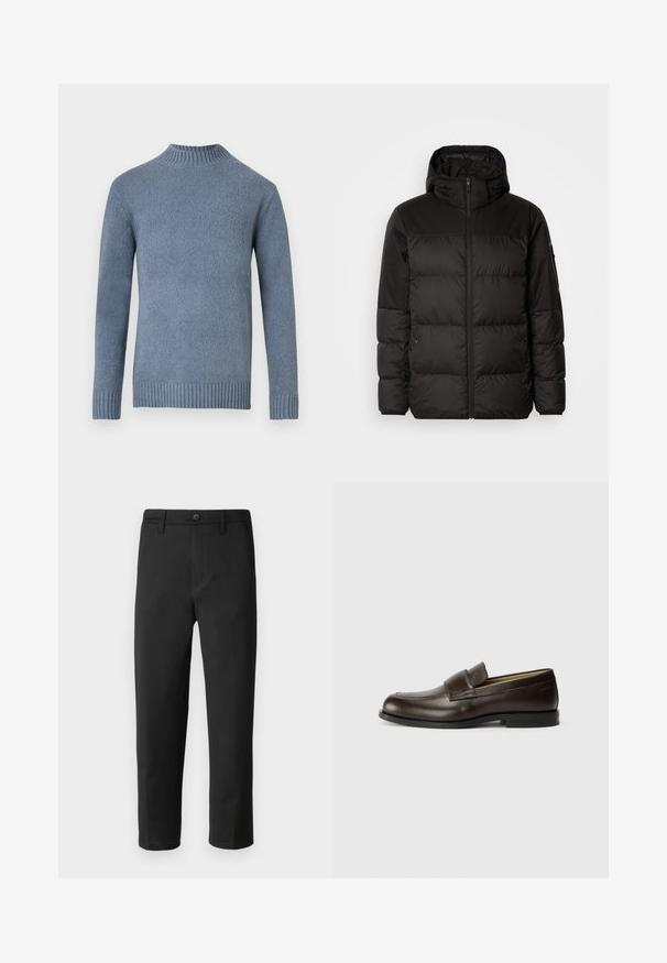 Črna zimska jakna ima zadrgo, kapuco, prešite odseke in elastične manšete, izdelana je iz gladkega, vodoodpornega materiala.; Modra pletena pulover s dolgimi rokavi, z rebrastim ovratnikom, manšetami in robom, prikazan na beli podlagi.; Črne hlače s ravnim krojem, izdelane iz gladkega materiala. Imajo gumbe za zapiranje in zanke za pas. Brez vidnih vzorcev ali dodatkov.; Calvin Klein Čevlji brez vezalk - cocoa brown