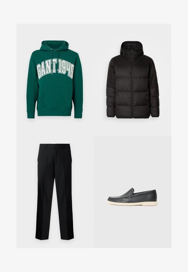Schwarze Pufferjacke mit Reißverschluss, Kapuze, gesteppten Abschnitten und elastischen Bündchen, hergestellt aus einem glatten, wasserabweisenden Material.; Grüner Hoodie mit einer vorderen Kängurutasche, versehen mit dem Schriftzug "GANT 1949" in großen weißen Buchstaben auf der Brust. Kapuze mit Kordelzug.; Schwarze, maßgeschneiderte Hosen mit geradem Schnitt, ausgestattet mit einem Knopfverschluss, Reißverschluss und Gürtelschlaufen. Glatter Stoff mit seitlichen Taschen.; Schwarze Leder-Slipper mit strukturiertem Finish und einer kontrastierenden beige Gummisohle. Mit einem dezenten Akzent an der Vorderseite.