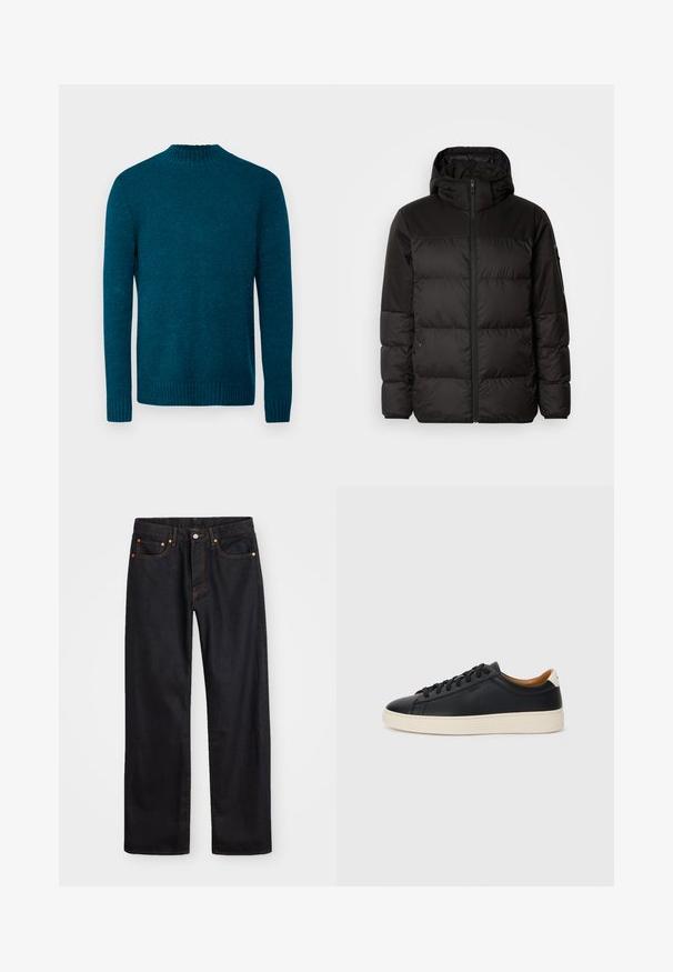 Črna zimska jakna ima zadrgo, kapuco, prešite odseke in elastične manšete, izdelana je iz gladkega, vodoodpornega materiala.; DRYKORN ZAYN - Pulover - green; Moške črne kavbojke ravnega kroja z petimi žepi in oranžnim šivanjem, z gumbom in zadrgo na sprednjem pasu.; Črne usnjene superge z gladko teksturo, bež gumijastim podplatom, zavezovalnim dizajnom in kontrastnim nagibom na peti.