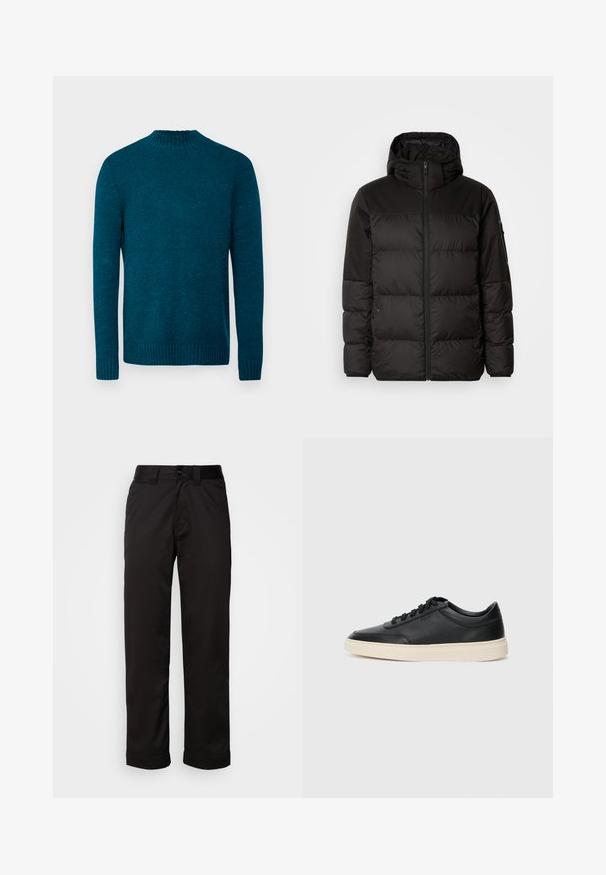 Schwarze Pufferjacke mit Reißverschluss, Kapuze, gesteppten Abschnitten und elastischen Bündchen, hergestellt aus einem glatten, wasserabweisenden Material.; DRYKORN ZAYN - Strickpullover - green; Schwarze Hose aus glattem Stoff, mit Reißverschluss, Knopfverschluss und umgeschlagenen Säumen für ein lässiges Design.; Schwarzer niedriger Ledersneaker mit schwarzen Schnürsenkeln und cremefarbenem Sohlenrand, seitlich auf weißem Hintergrund dargestellt.