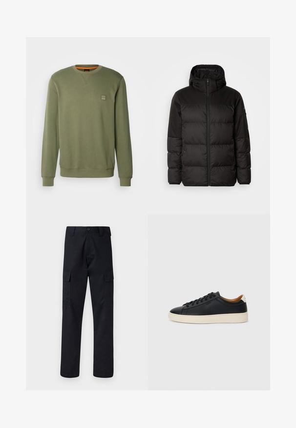 Čierna prešívaná bunda má zips, kapucňu, prešívané sekcie a elastické manžety, vyrobená z hladkého, vodeodolného materiálu.; BOSS WESTART - Mikina - open green; Čierne cargo nohavice vyrobené z odolnej tkaniny, s rovnými nohavicami, dvoma bočnými vreckami a zapínaním na gombík v páse.; Čierne kožené tenisky s hladkou textúrou, béžová gumová podrážka, viazanie a kontrastný akcent na päte.