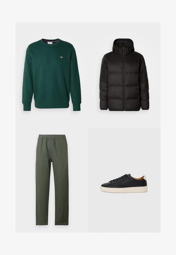 Black puffer jacket features a zip closure, a hood, quilted sections, and elastic cuffs, made from a smooth, water-resistant material.; Green sweatshirt made from soft fabric, featuring a round neckline and long sleeves. Small embroidered logo on the chest. Elastic cuffs and hem.; Dark green, lightweight linen pants with an elastic waistband and straight legs. Features a front placket with no visible pockets.; Black leather sneakers with a smooth texture, beige rubber sole, lace-up design, and a contrasting heel accent.