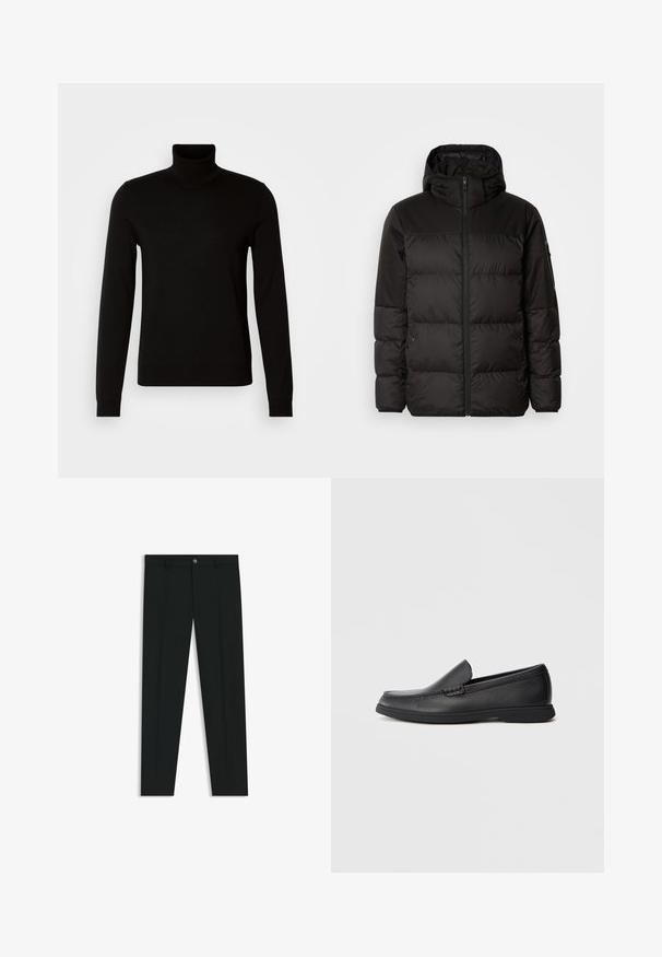 Czarna kurtka puchowa z zapięciem na zamek, kapturem, pikowanymi sekcjami i elastycznymi mankietami, wykonana z gładkiego, wodoodpornego materiału.; Czarny sweter z golfem wykonany z drobno dzianinowego materiału, z długimi rękawami i dopasowanym krojem. Gładka faktura z prążkowanymi mankietami.; Czarne spodnie materiałowe z prostymi nogawkami, wykonane z gładkiego materiału. Posiadają zamek na guzik z przodu oraz szlufki na pasek. Gładkie, bez wzorów.; Czarne skórzane mokasyny wsuwane z teksturowaną cholewką, okrągłym noskiem, niskim obcasem i gumową podeszwą, przedstawione w profilu bocznym na białym tle.