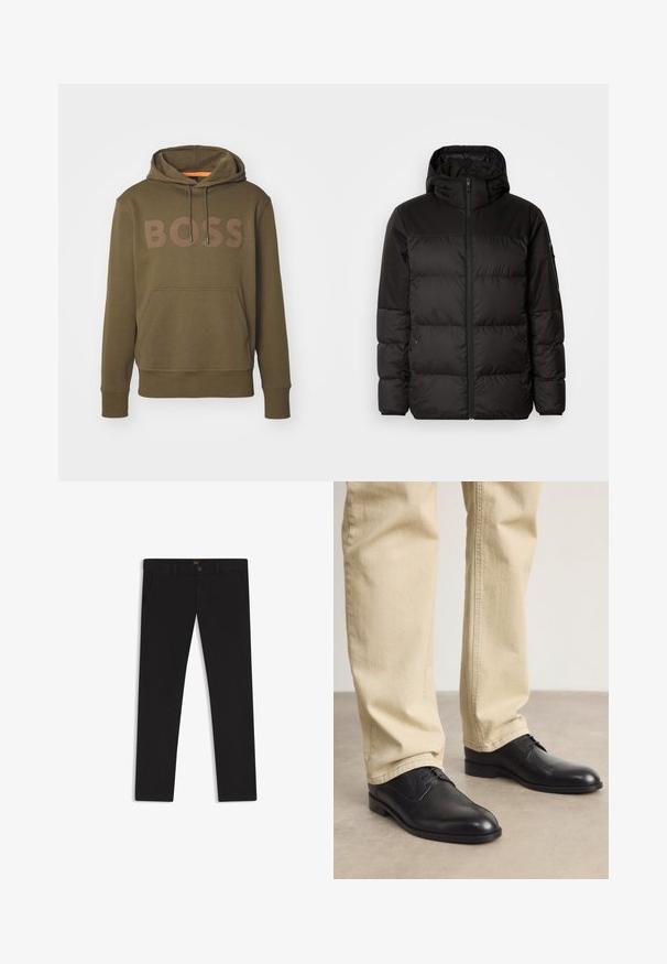Black puffer jacket features a zip closure, a hood, quilted sections, and elastic cuffs, made from a smooth, water-resistant material.; Olive green hoodie made of soft fabric featuring a front kangaroo pocket, drawstrings, and large "BOSS" logo in a contrasting shade.; Black trousers made of fabric with a smooth texture. Features a button closure, belt loops, and side pockets. Standard straight-leg design.; Black leather lace-up shoes with a rounded toe, smooth finish, and subtle stitching details, worn with light beige pants.