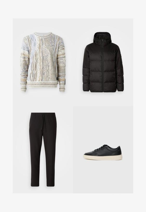 Geacă puffer neagră cu închidere cu fermoar, glugă, secțiuni quilted și manșete elastice, realizată dintr-un material neted, rezistent la apă.; Pulover cu modele tricotate intricate în bej, alb și albastru deschis. Finisaj texturat cu manșete și tiv cu model în nervuri, design cu gât rotund.; Pantaloni de jogging negri, confecționați dintr-un material neted. Prezintă un talie elastică cu șnur, picioare conice și fără buzunare vizibile. Design simplu.; Sneaker din piele neagră, cu vârf jos, cu șireturi negre și talpă de un alb murdar, prezentat în profil lateral, pe un fundal alb.