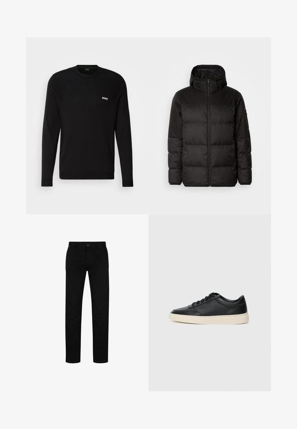 Mustikas puffer-jakk sisaldab tõmblukku, kapuutsi, tikandiga osi ja elastseid mansette, valmistatud siledast veekindlast materjalist.; Musthave musta, millel on pika varrukaga ja ümmargune kaelus, ribatud mansetid ja rindkeres väike valge "BOSS" logo.; Mustadest puuvillast püksid sirge lõikega, nupuga kinnitamise, vöökonksude ja minimalistliku disainiga. Sile tekstuur, ilma mustriteta.; Mustad musta nahast madal sneaker mustade nööpidega ja kreemivalge tallaga, nähtud külgprofiilis valge tausta ees.