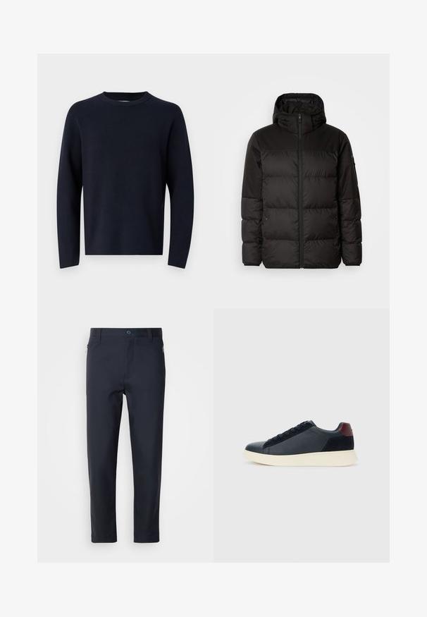 La chaqueta acolchada negra tiene un cierre de cremallera, capucha, secciones acolchadas y puños elásticos, hecha de un material suave y resistente al agua.; Suéter azul marino, de cuello redondo, de mangas largas, hecho de una tela suave con una textura lisa. Diseño sencillo, sin patrones ni herrajes visibles.; Pantalones de traje azul marino, confeccionados en una tela suave, con un bolsillo con cremallera, perneras rectas y un cierre de botón en la cintura.; Zapatilla baja para hombre en cuero negro y ante con un parche en el talón color burdeos y suela de goma blanca, vista desde el lado externo.