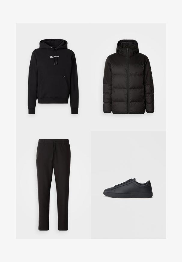 Čierna prešívaná bunda má zips, kapucňu, prešívané sekcie a elastické manžety, vyrobená z hladkého, vodeodolného materiálu.; Čierna mikina s klokankou, kapucňou na šnúrku a kontrastným bielym textom "KARL LAGERFELD JEANS" na hrudi. Mäkkučký bavlnený materiál.; Čierne jogger nohavice vyrobené z hladkej tkaniny. Majú elastický pás s šnúrkou, zúžené nohavice a žiadne viditeľné vrecká. Jednoduchý dizajn.; Čierne tenisky vyrobené z hladkej kože s nízkym dizajnom, okrúhlym špičkou a plochou gumovou podrážkou. Obsahujú šnúrky a jemné označenie značky.