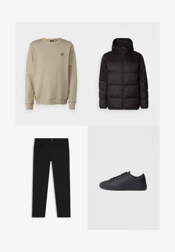 Svart puffjacka med blixtlås, huva, quiltade sektioner och elastiska mudd, tillverkad av ett slätt, vattentåligt material.; Lyle & Scott CREW NECK - Sweatshirt - sage; Svarta denimbyxor med rak passform, med en standard midja, fem fickor och knäppning med knapp. Slät yta genomgående.; Svarta sneakers i slätt läder med låg design, rund tå och platt gummisula. Har snörning och subtil branding.