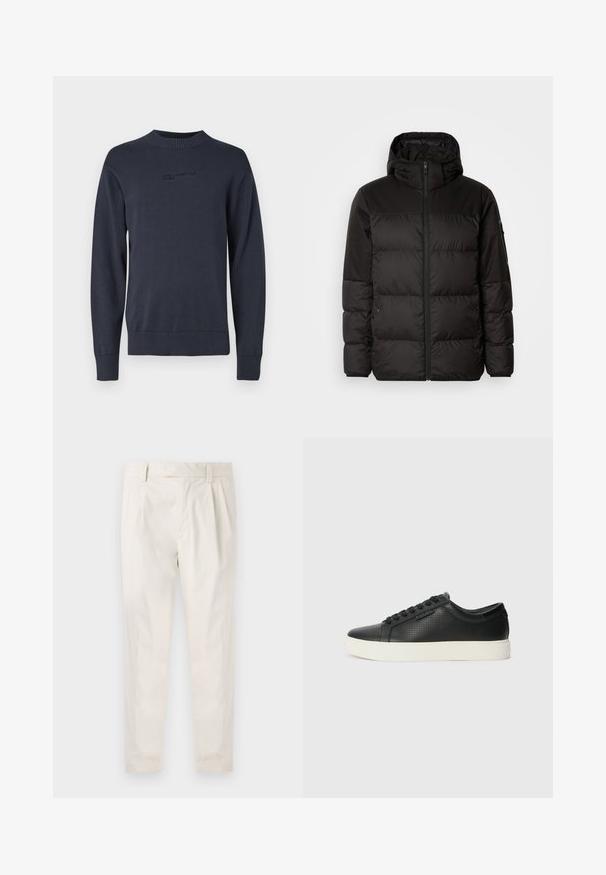 Černá péřová bunda má zipový uzávěr, kapuci, prošívané části a elastické manžety, vyrobená z hladkého, voděodolného materiálu.; Námornícký pletený svetr s kulatým výstřihem, žebrovanými manžetami a lemem, s vyraženým logem na hrudi; hladká, měkká textura.; Bílé, plisované kalhoty s upraveným střihem, které mají hladkou texturu, poutka na opasek a zúžené nohavice. Bez viditelných kapes nebo vzorů.; Černé kožené tenisky s perforovanou texturou, kulatou špičkou a plochou bílou gumovou podrážkou. Mají černé tkaničky a jemné logo na boční straně.