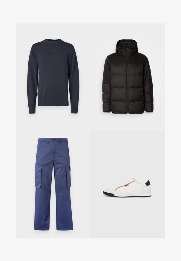 A jaqueta puffer preta apresenta um fecho zip, um capuz, secções acolchoadas e punhos elásticos, confeccionada em um material liso e resistente à água.; Pulôver de malha azul marinho com decote redondo, punhos e bainha canelados, apresentando texto de logotipo em relevo no peito; textura suave e macia.; Calças cargo da marinha feitas de um tecido durável, apresentando bolsos laterais, um design de perna reta e um fecho de botão na cintura.; Tênis atléticos brancos com detalhes em malha e couro. Apresenta um logotipo dourado "BOSS", painéis laterais texturizados e um capô de calcanhar preto. Sola em borracha.