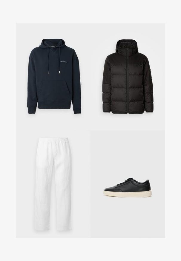 Svart puffjacka med blixtlås, huva, quiltade sektioner och elastiska mudd, tillverkad av ett slätt, vattentåligt material.; Marinblå huvtröja i bomull, med en känguruficka och vit tryckt logotyp på bröstet, samt silverfärgade snörningsdetaljer.; Vita linnebyxor med resårmidja, rak passform och mjuk textur utan synliga mönster eller detaljer i metall.; Svart låg skor i läder med svarta snören och off-white sula, visas i sidoprofil på vit bakgrund.