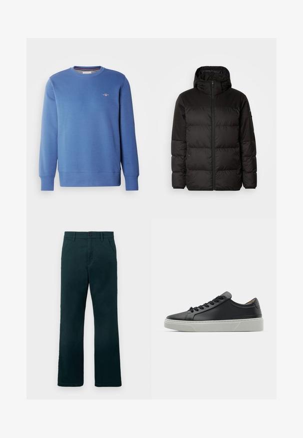 Black puffer jacket features a zip closure, a hood, quilted sections, and elastic cuffs, made from a smooth, water-resistant material.; GANT SHIELD C NECK - Sweatshirt - vintage blue; Dark green straight-leg trousers with belt loops, side pockets, and a button closure on a plain white background.; Black leather sneaker with a smooth texture, round toe, and black laces. Features a thick, white rubber sole with subtle geometric accents.