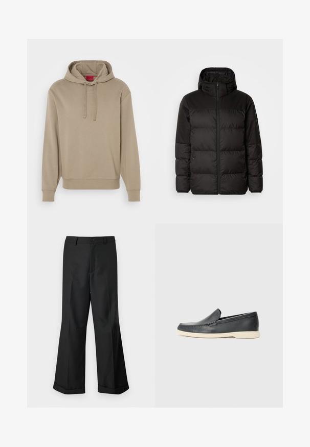 Čierna prešívaná bunda má zips, kapucňu, prešívané sekcie a elastické manžety, vyrobená z hladkého, vodeodolného materiálu.; Béžová mikina Hugo s kapucňou na šnúrky, rebrovanými manžetami a spodným lemom, s jemným logom na hrudi. Hladký textilný povrch.; Čierne nohavice s širokými nohavicami a gombíkovým pásom, s manžetami na koncoch, vystavené na jednoduchom bielom pozadí.; Čierne kožené slip-on mokasíny s textúrovaným povrchom a kontrastnou béžovou gumovou podrážkou. Obsahujú jemný akcent pozdĺž prednej časti.